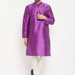 VASTRAMAY Mandarin Collar Silk Blend Kurta With Pyjamas-image-97