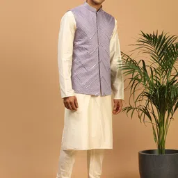VASTRAMAY Mandarin Collar Mirror Work Straight Kurta with Churidar & Nehru Jacket-image-94