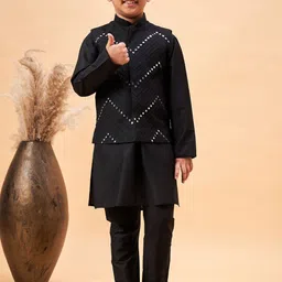 VASTRAMAY Boys Woven Design Mandarin Collar Long Sleeves Mirror Work Kurta with Pyjamas-picture-21