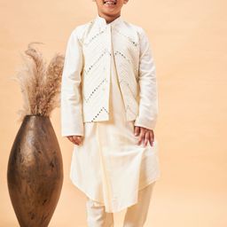 VASTRAMAY Boys Mandarin Collar Long Sleeves Mirror Work Kurta with Churidar-45