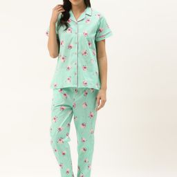Rapra The Label Women Sea Green & Pink Printed Night suit-image-95