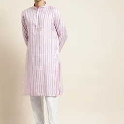 SOJANYA Men Pink & White Striped Kurta with Churidar-image-53