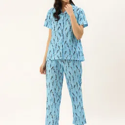 Rapra The Label Women Blue & Black Floral Printed Pure Cotton Night Suit With Eye Mask-image-88