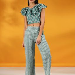 JISORA Women Teal Printed Pure Cotton Co-Ords Set-image-63