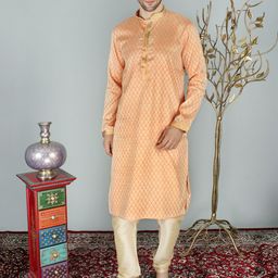 Exotic India Geometric Woven Design Mandarin Collar Straight Jacquard Kurta With Churidar-image-27