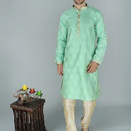 Exotic India Ethnic Motifs Mandarin Collar Regular Straight Kurta with Pyjamas-picture-8