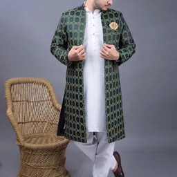 amzira Brocade Mandarin Collar Pure Cotton Sherwani & Kurta With Pyjamas-image-27
