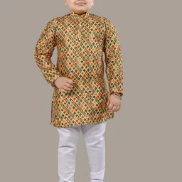 BT DEZINES Boys Ethnic Motifs Printed Sequinned Raw Silk Straight Kurta With Pyjamas-image-59