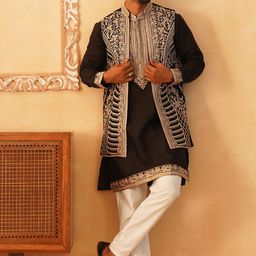 Jompers Men Floral Yoke Design Regular Chikankari Kurta with Pyjamas-1