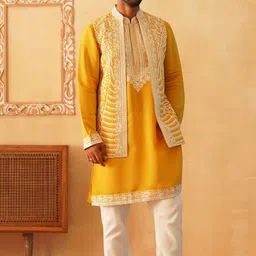 Jompers Floral Embroidered Mandarin Collar Thread Work Kurta With Pyjamas-picture-11
