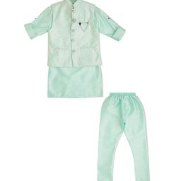 CAVIO Boys Floral Printed Thread Work Cotton Kurta With Pyjamas & Nehru Jacket-14