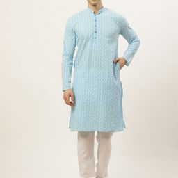 Jompers Men Blue Floral Embroidered Chikankari Pure Cotton Kurta with Churidar-54
