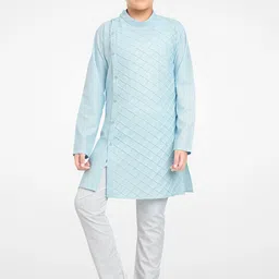 Jeetethnics Boys Blue & White Self Design Angrakha Cotton Blend Kurta Set-1