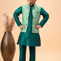 VASTRAMAY Boys Mandarin Collar Straight Kurta With Pyjamas With Nehru Jacket-picture-58
