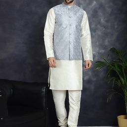 Jompers Mandarin Collar Regular Kurta With Churidar & Embroidered Nehru Jacket-image-26