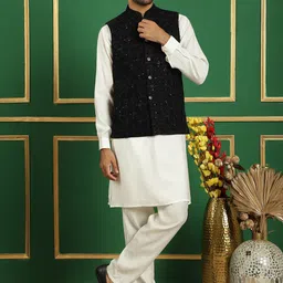 Jompers Mandarin Collar Velvet Straight Kurta & Pyjama With Nehru Jacket-image-72