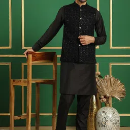 Jompers Mandarin Collar Velvet Straight Kurta & Pyjama With Nehru Jacket-picture-10