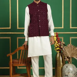 Jompers Mandarin Collar Velvet Straight Kurta & Pyjama With Nehru Jacket-picture-58