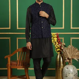 Jompers Mandarin Collar Velvet Straight Kurta & Pyjama With Nehru Jacket-picture-18