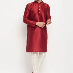 VASTRAMAY Mandarin Collar Silk Blend Kurta With Trousers-image-79