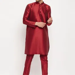 VASTRAMAY Mandarin Collar Silk Blend Kurta With Trousers-image-80