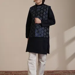 Manyavar Boys Mandarin Collar Regular Straight Kurta With Pyjamas & Jacket-image-79