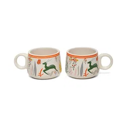 Arrabi White & Green Handcrafted Printed Ceramic Matte Cups Set of Cups and Mugs image 2
