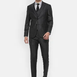 Louis Philippe Men Grey Striped Slim-Fit Single-Breasted Formal Three-Piece Suit-image-91