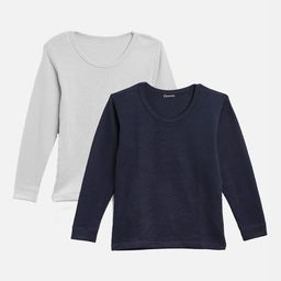 Kanvin Boys Pack Of 2 Navy Blue & Grey Ribbed Cotton Thermal Tops-image-105