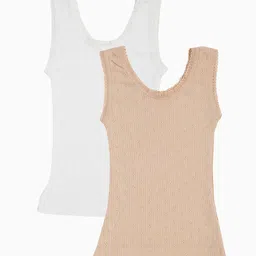 Kanvin Girls Pack Of 2 White & Beige Ribbed Cotton Thermal Tops-image-34