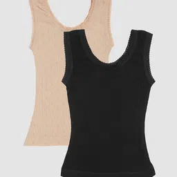 Kanvin Girls Pack Of 2 Beige & Black Ribbed Thermal Tops-image-99