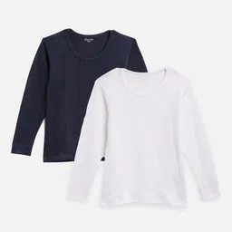 Kanvin Boys  Pack Of 2 Navy Blue & White Ribbed Cotton Thermal Tops-15