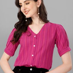 Kinjo Striped V-Neck Puff Sleeves Shirt Style Cotton Top-picture-10