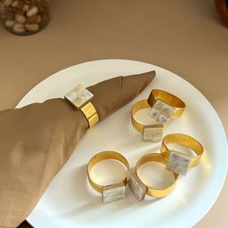 HOMEARTE Off White & Gold Toned 6 Pcs Square Shaped Mother of Pearl Metal Napkin Rings Set-29