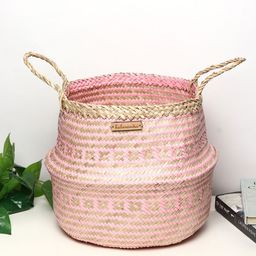 HABERE INDIA Pink & Beige Seagrass Belly Plant Small Storage Basket-27