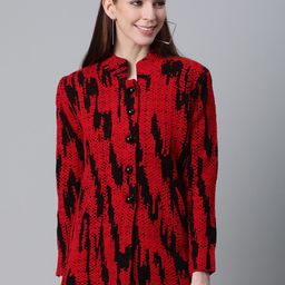 Cayman Women Red & Black Abstract Self Design Longline Cardigan Sweater-24