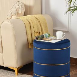 Texstop Blue Velvet & Wooden Pouffy Stool Ottoman-image-50