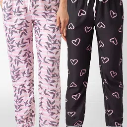 FashionRack Women Set of 2 Pink & Black Printed Cotton Lounge Pants-picture-23