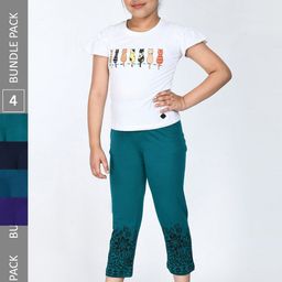 IndiWeaves Girls Pack Of 4 Printed Cropped Cotton Lounge Pants-picture-48
