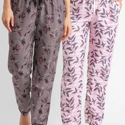 FashionRack Women Set of 2 Grey & Pink Printed Cotton Lounge Pants-picture-0