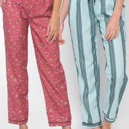 FashionRack Women Pack of 2 Brown & Blue Printed Cotton Lounge Pants-picture-35