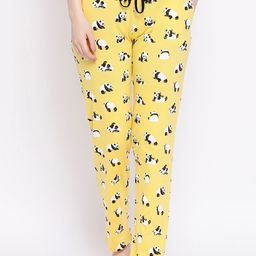 Kanvin Women Yellow & White Printed Pure Cotton Lounge Pants-image-108