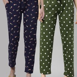 Kryptic Women Navy Blue & Green Pack of 2 Printed Cotton Lounge Pants-image-85