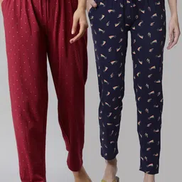 Kryptic Women Pack Of 2 Navy Blue & Maroon Cotton Printed Lounge Pants-picture-39