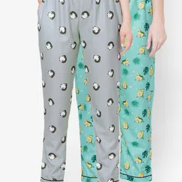 FashionRack Women Pack of 2 Grey & Sea Green Printed Cotton Lounge Pants-picture-31