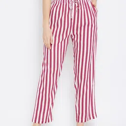 Hypernation Women Pink & White Striped Lounge Pant-image-50