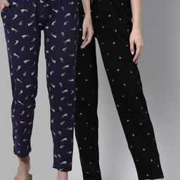 Kryptic Women Navy Blue & Black Set Of 2 Printed Pure Cotton Lounge Pants-image-11