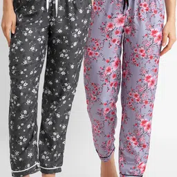 FashionRack Women Set of 2 Grey And Charcoal Floral Printed Cotton Lounge Pant Pajamas-picture-49