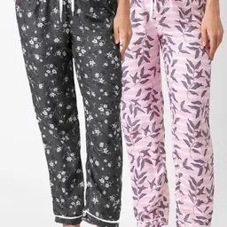 FashionRack Women Set of 2 Pink & Black Floral Printed Cotton Lounge Pants-picture-8