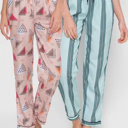 FashionRack Women Pack of 2 Beige & Sea Green Printed Cotton Lounge Pants-picture-5
